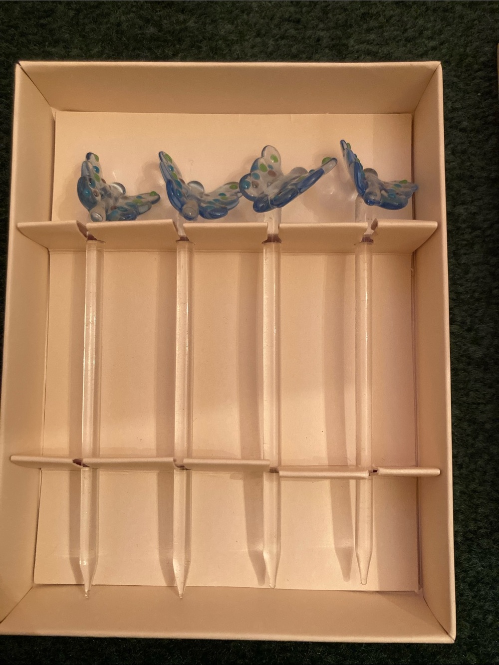 Set of 8 Blue Glass Butterfly Drink Picks